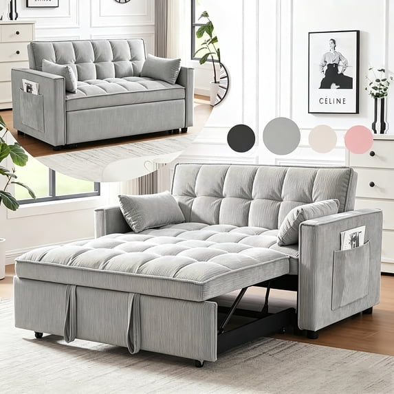 Bellemave Sleeper Sofa Bed 3-in-1 Convertible Couch with Pullout Bed, Futon 2-Seater Loveseat with Toss Pillows and Storage Pockets, 3 Level Adjustable Backrest Sofa for Living Room (Gray)