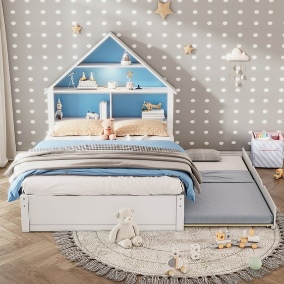 Bellemave Solid Wood Full Size House-Shaped Bed with Bookcase Headboard and Led Lights, Twin Size Trundle,No Box Spring Needed,Blue+White