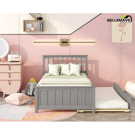Bellemave Space Saving Twin Size Bed with Trundle Wood Twin Bed Frame Modern Platform Bed with Headboard and Footboard, No Box Spring Needed, Gray