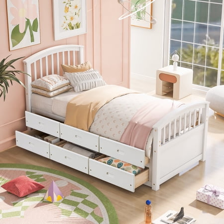 Bellemave Storage Bed Frame Twin with 6 Drawers,Solid Wood Twin Size Platform Bed with Headboard and Footboard,Heavy Duty Captain’s Bed for Teens,Single Adult,Small Spaces(White)
