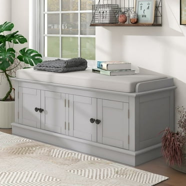 Bellemave Storage Bench with 4 Drawers, Entryway Shoe Bench with Cushioned Seat, Wooden End of Bed Bench with Cabinet and Shelves for Bedroom/Living Room/Entryway/Foyer/Hallway (Gray Wash)