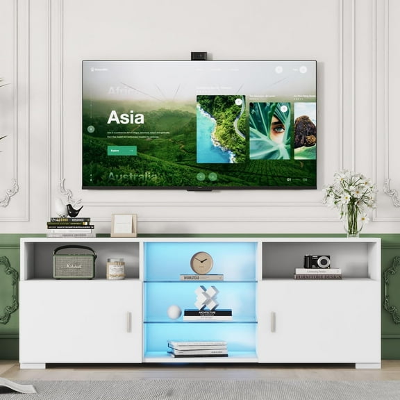 Bellemave TV Stand for 32-60 inch TV, Modern Television Table with Drawer and Led Lights, Matt Entertainment Center TV Cabinet for Living Game Room Bedroom-White