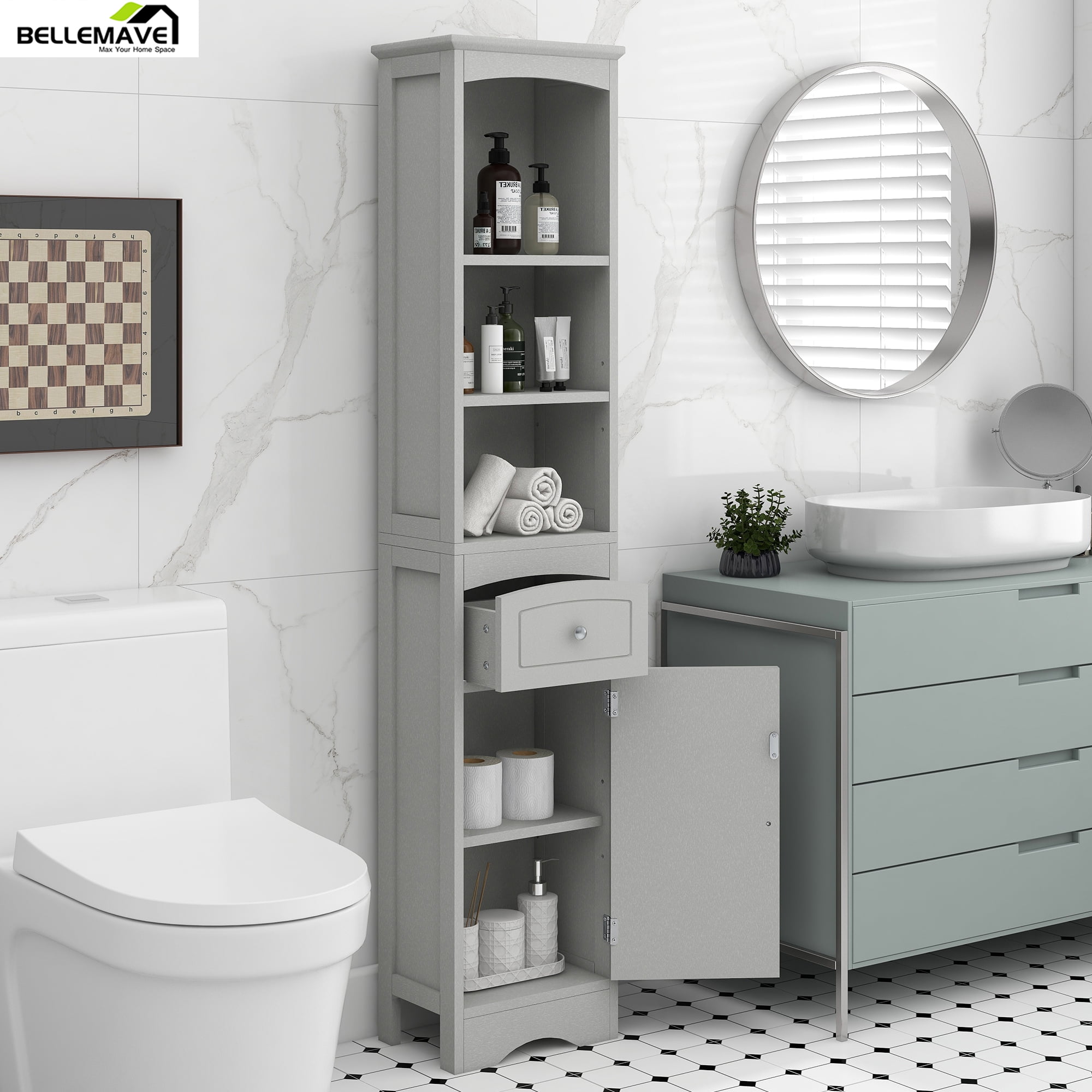 Bellemave Skinny Standing Bathroom Storage Cabinet, Slim Adjustable ...