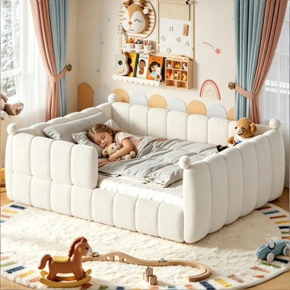 Bellemave Toddler Bed-Toddler Floor Bed with Teddy Fleece, Low Profile Kids Bed Frame with Full Padded Guard Rails, Montessori Floor Beds, No Box Spring Needed for Boys & Girls, White