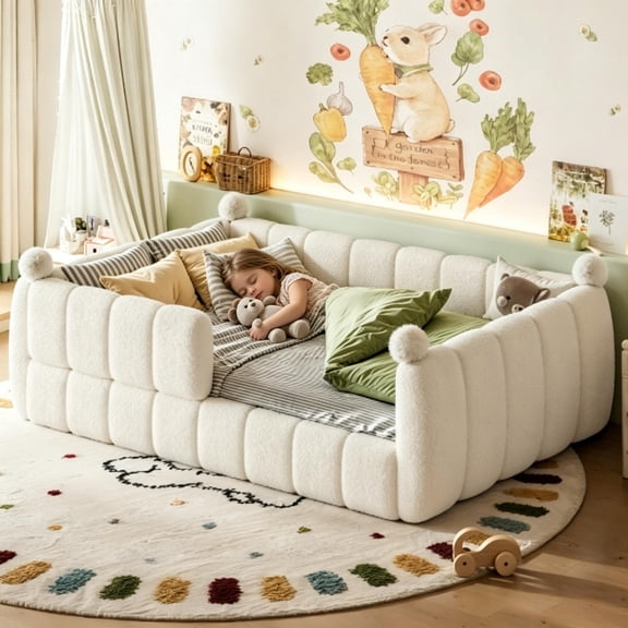 Bellemave Toddler Floor Bed with Teddy Fleece, Low-to-Ground Kids Bed Frame with Full Padded Guard Rails, Montessori Floor Beds, Standard Crib Size for Boys & Girls, White