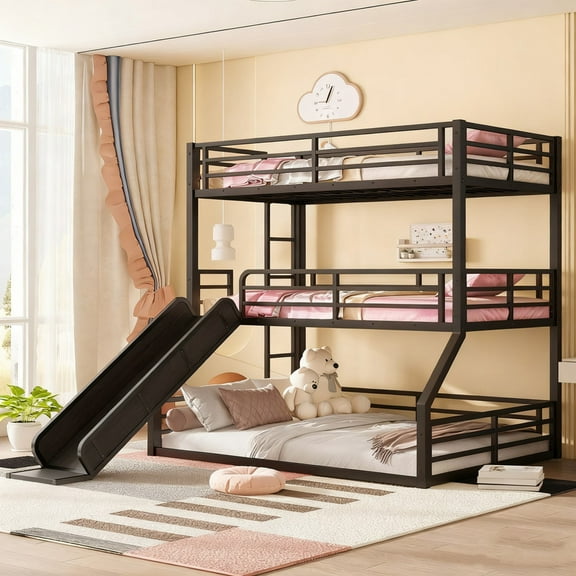 Bellemave Triple Bunk Bed with Slide, Twin Over Twin Over Full Bunk Beds for 3 People, Metal 3 Bunk Bed with Ladder for Bedroom, No Box Spring Needed(Black)