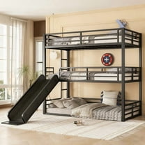 Bellemave Triple Bunk Bed with Slide, Twin XL Over Twin XL Over Twin XL Bunk Beds for 3, Metal 3 Bunk Beds with Ladder and Safety Guard, No Box Spring Needed (Balck）