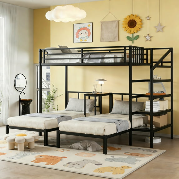 Bellemave Triple Bunk Bed with Stairs, Metal Twin over Twin & Twin Bunk Beds for 3, Heavy-Duty Bunk Bed with Shelves, Space Saving, Black