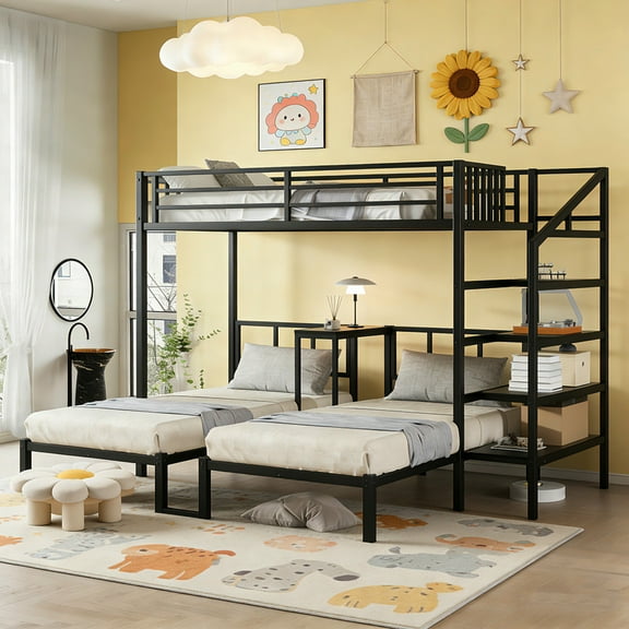Bellemave Triple Bunk Bed with Stairs, Metal Twin over Twin & Twin Bunk Beds for 3, Heavy-Duty Bunk Bed with Shelves, Space Saving, Black
