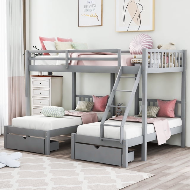 Bellemave Triple Bunk Bed with Storage Drawer Full over Twin and Twin ...