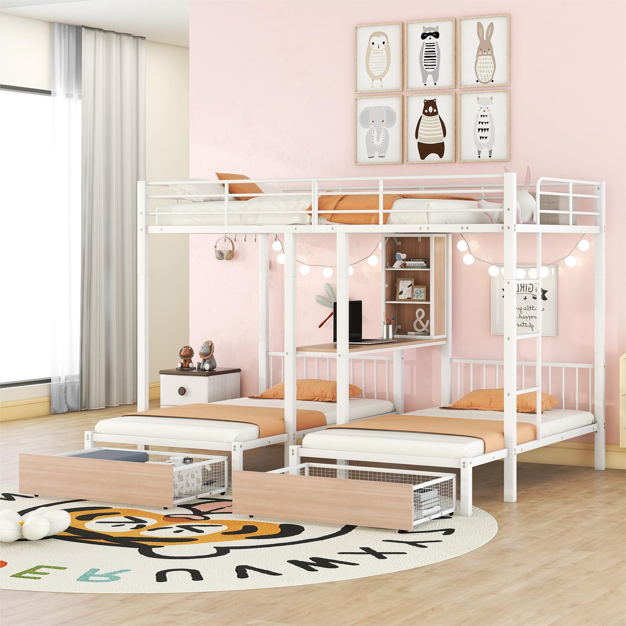 White Metal Triple Bunk Bed with Storage Drawers and Desk