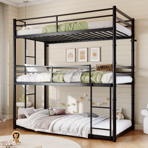Twin Over Twin Over Twin Triple Bunk Bed Frame, Heavy Duty Detachable Bunk Beds for 3, Metal 3 Bunk Beds with 2 Ladder & Guardrail for Teens Adults (Black)