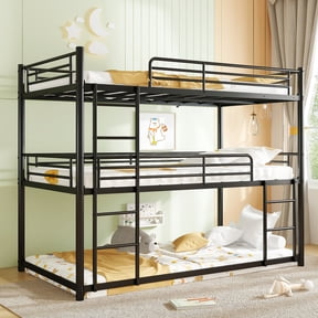 Twin Over Twin Over Twin Triple Bunk Bed Frame, Heavy Duty Detachable Bunk Beds for 3, Metal 3 Bunk Beds with 2 Ladder & Guardrail for Teens Adults (Black)