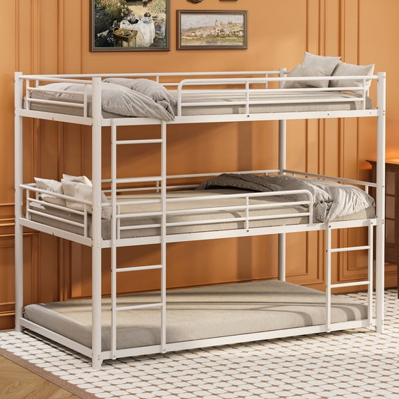 Twin Over Twin Over Twin Triple Bunk Bed Frame, Heavy Duty Detachable Bunk Beds for 3, Metal 3 Bunk Beds with 2 Ladder & Guardrail for Teens Adults (White)