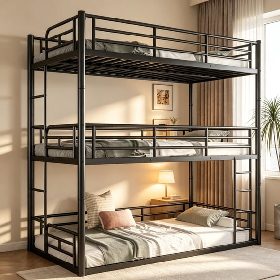 Twin Over Twin Metal Triple Bunk Bed, Heavy Duty Metal Bunk Beds for 3, Detachable 3 Bunk Beds Frame with Ladder & Full Length Guardrail, Metal Frame for Teens Adults, Noise-Reduced Design, Black