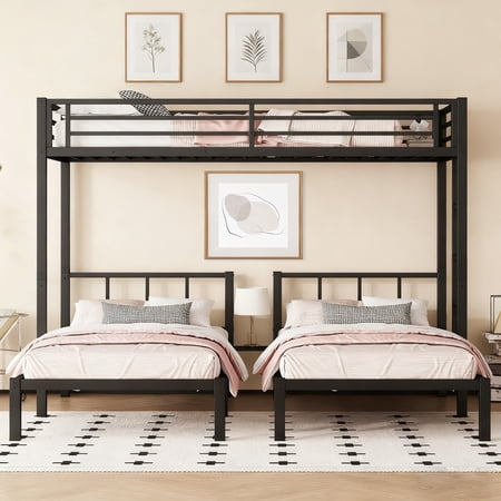 Bellemave Triple Bunk Bed Twin XL over Twin and Twin Metal Bunk Bed Convertible 3 Bunk Bed for Teens, Black