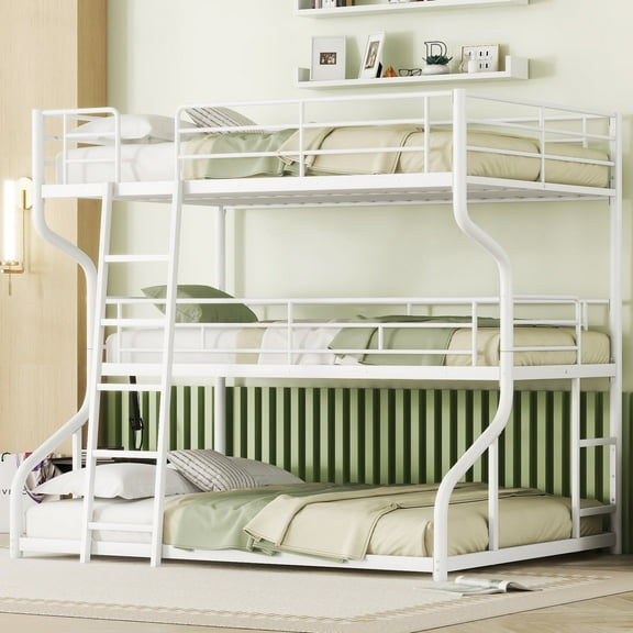 Bellemave Triple Bunk Beds for 3, Metal Full XL over Twin XL over Queen Bunk Bed Frame, Modern Heavy-Duty Steel Frame 3 Bunk Bed Built-in Ladder for Bedroom (White)
