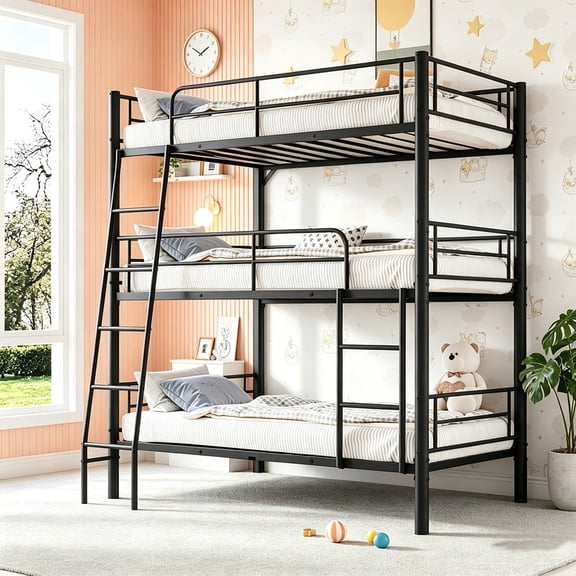 Bellemave Triple Bunk Beds Twin-Over-Twin-Over-Twin, Heavy Duty Metal Triple Beds Can Disassembled into 3 Beds, 3 Bunk Bed Frame with Under-bed Space for Dorm Guest Room (Black)