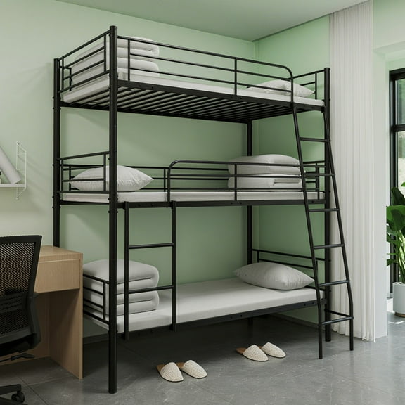 Bellemave Triple Bunk Beds Twin-Over-Twin-Over-Twin, Heavy Duty Metal Triple Beds Can Disassembled into 3 Beds, 3 Bunk Bed Frame with Under-bed Space for Dorm Guest Room (Black)