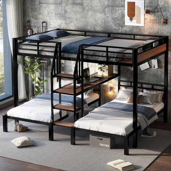 Bellemave Triple Bunk Beds with Stairs, Metal Queen Over Twin Over Twin Bunk Bed with Storage Shelves, Bunk Bed with Desk for 3 Teens Adults（Black)