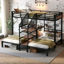 Bellemave Triple Bunk Beds with Stairs, Metal Twin Over Twin Over Twin Bunk Bed with Storage Shelves, Bunk Bed with Desk for 3 Teens Adults(Black）