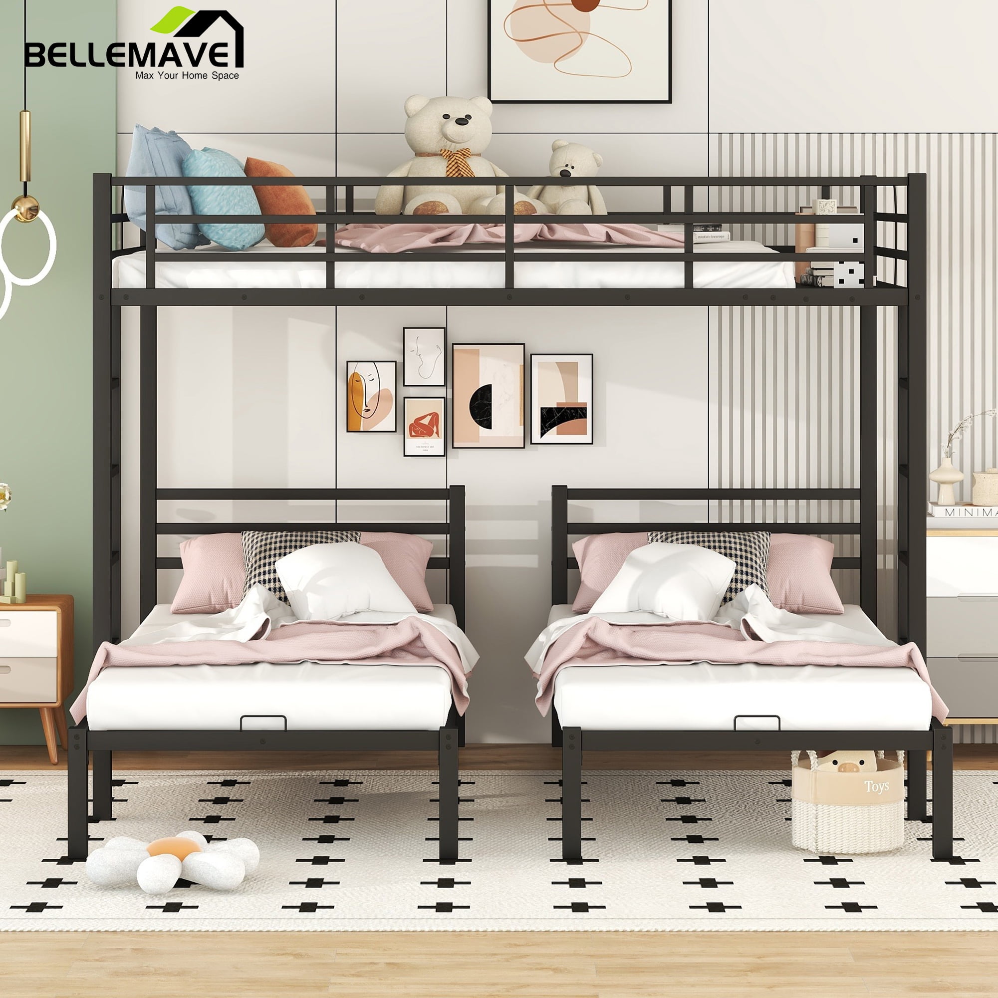 Bellemave Triple Bunk bed Full over Twin and Twin Metal Bunk Bed Frame ...