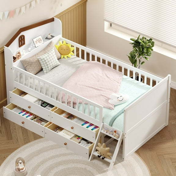 Bellemave Twin Bed with 4 Storage Drawers and Fence Rails, Wood Platform Beds with Bookshelf Headboard, Twin Size Beds Frame with Ladder, No Box Spring Needed (White）