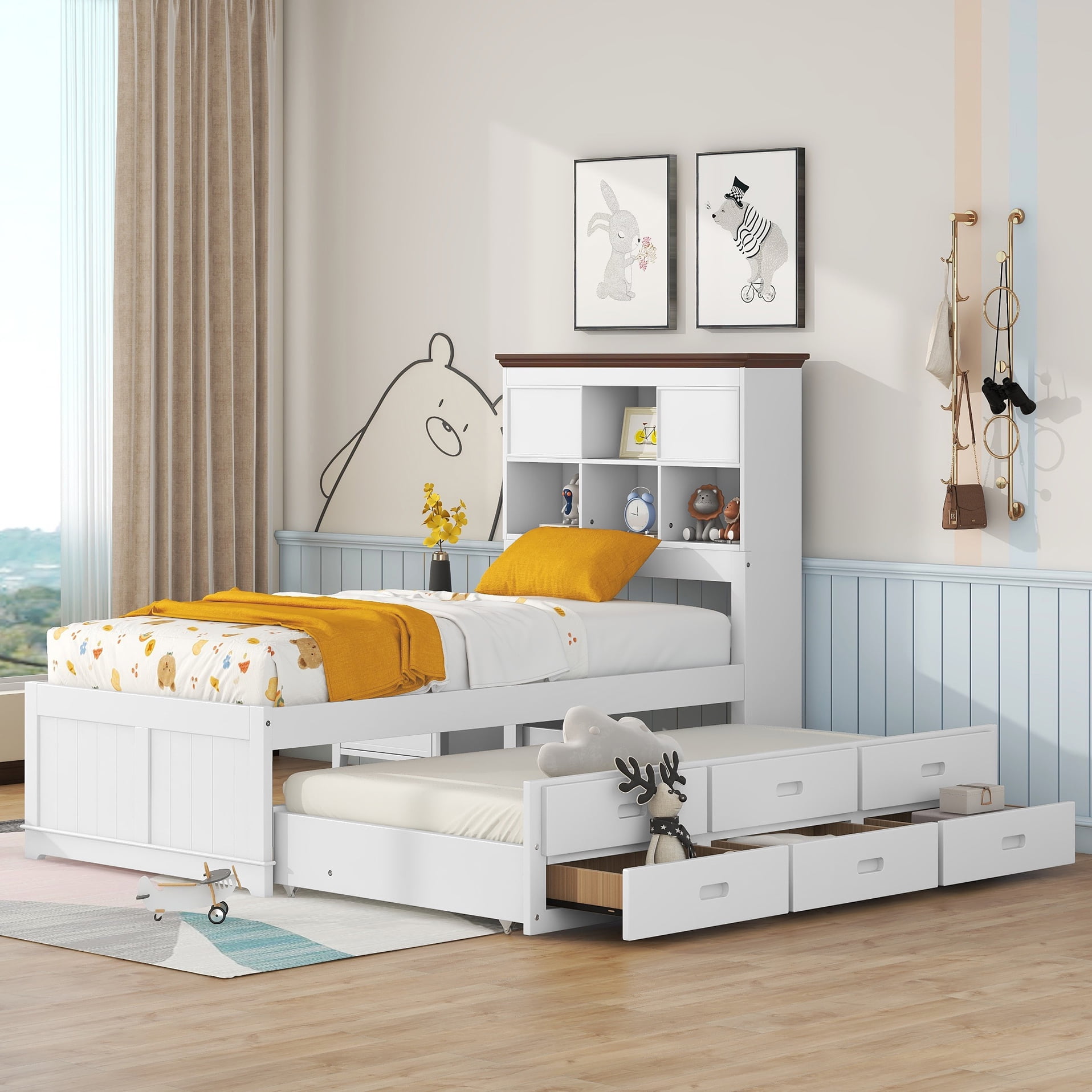 Bellemave Twin Bed with Drawers and Trundle Wooden Captain Bed with Bookcase Headboard and Storage Twin Size Platform Bed Kids Teens