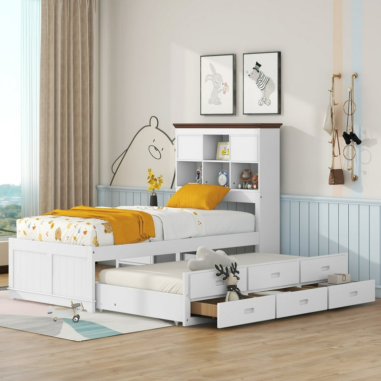 Twin captains bed with storage and bookcase headboard discount