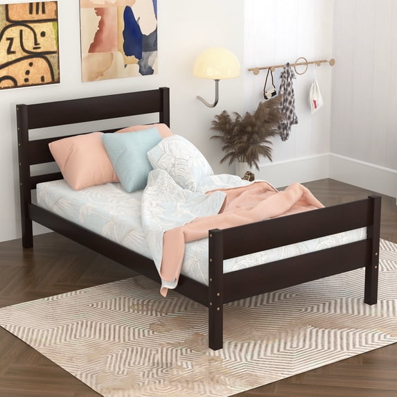 Bellemave Twin Bed Frames,Wood Platform Bed with Headboard and Footboard, Twin Size Sleigh Bed with Wood Slat Support, No Box Spring Needed (Espresso)