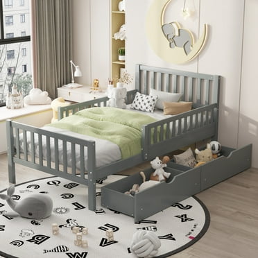 Bellemave Twin Bed with Storage Drawers and Fence Rails, Wood Platform Beds Frame with Headboard, Twin Size Storage Bed for Kids Boys Girls Teens（Gray)