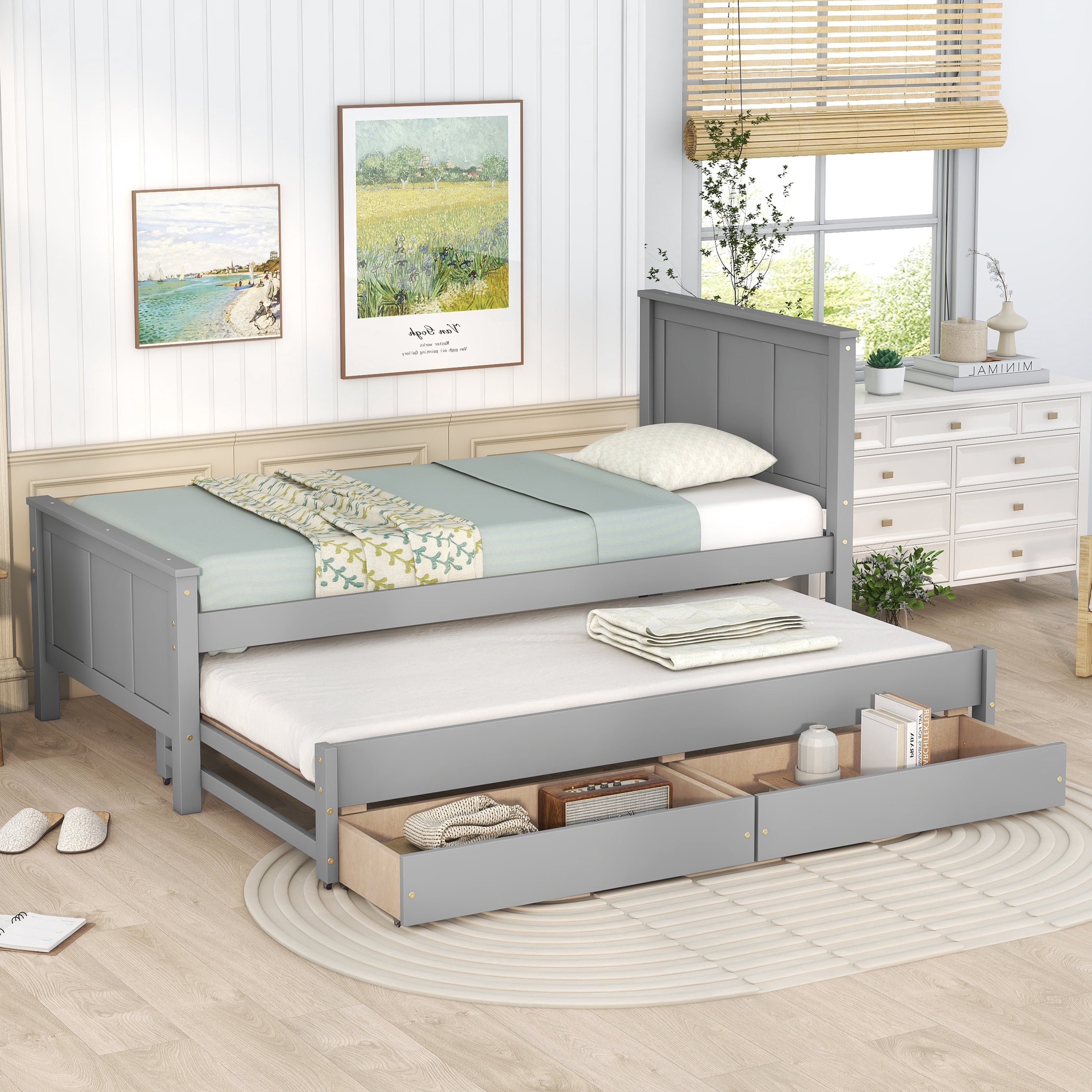 Bellemave Twin Bed with Trundle and 2 Storage Drawers, Wood Platform Bed Frame with Headboard and Trundle Bed, Twin Size Storage Bed for Bedroom (Grey)