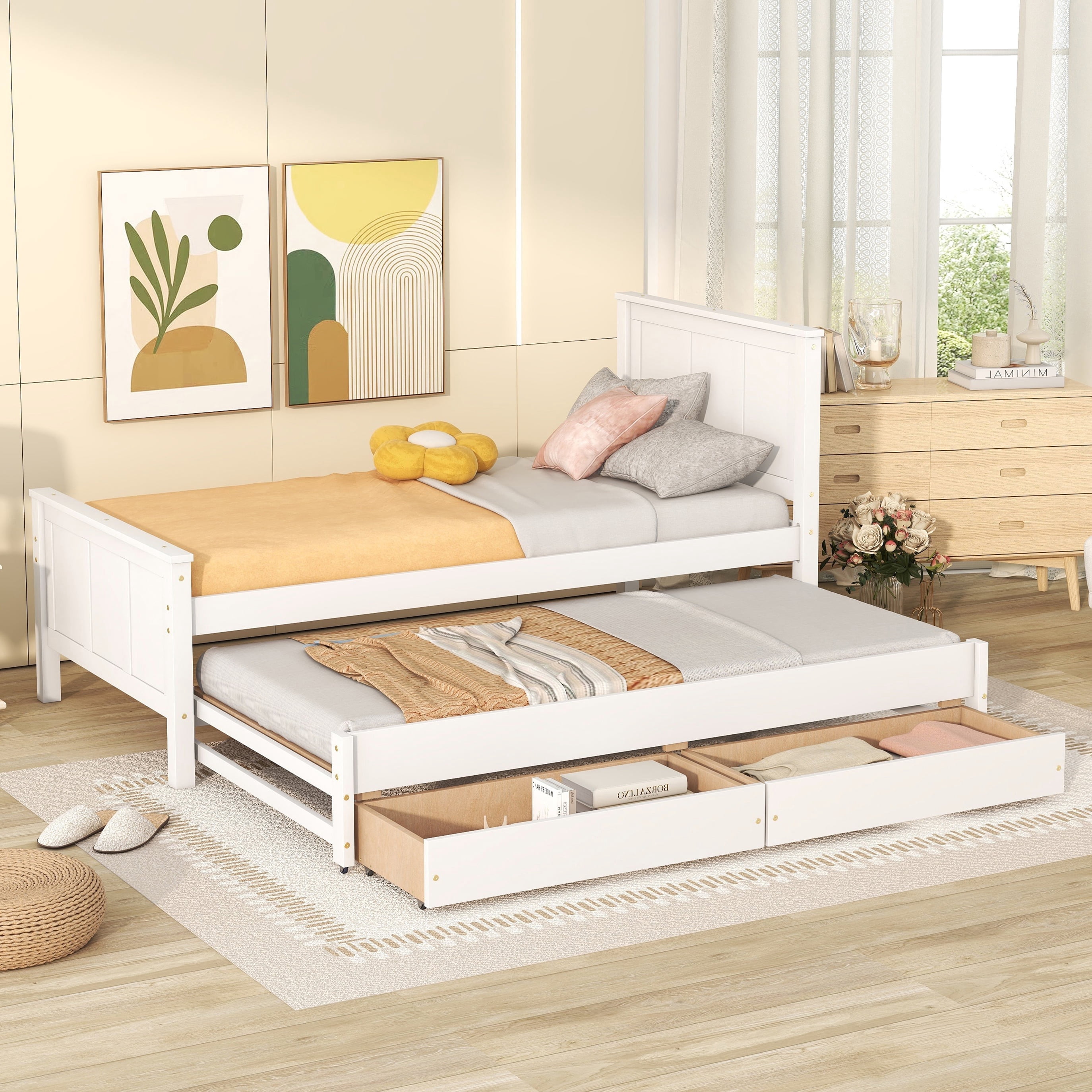 Bellemave Twin Bed with Trundle and 2 Storage Drawers, Wood Platform Bed Frame with Headboard and Trundle Bed, Twin Size Storage Bed for Bedroom (White)