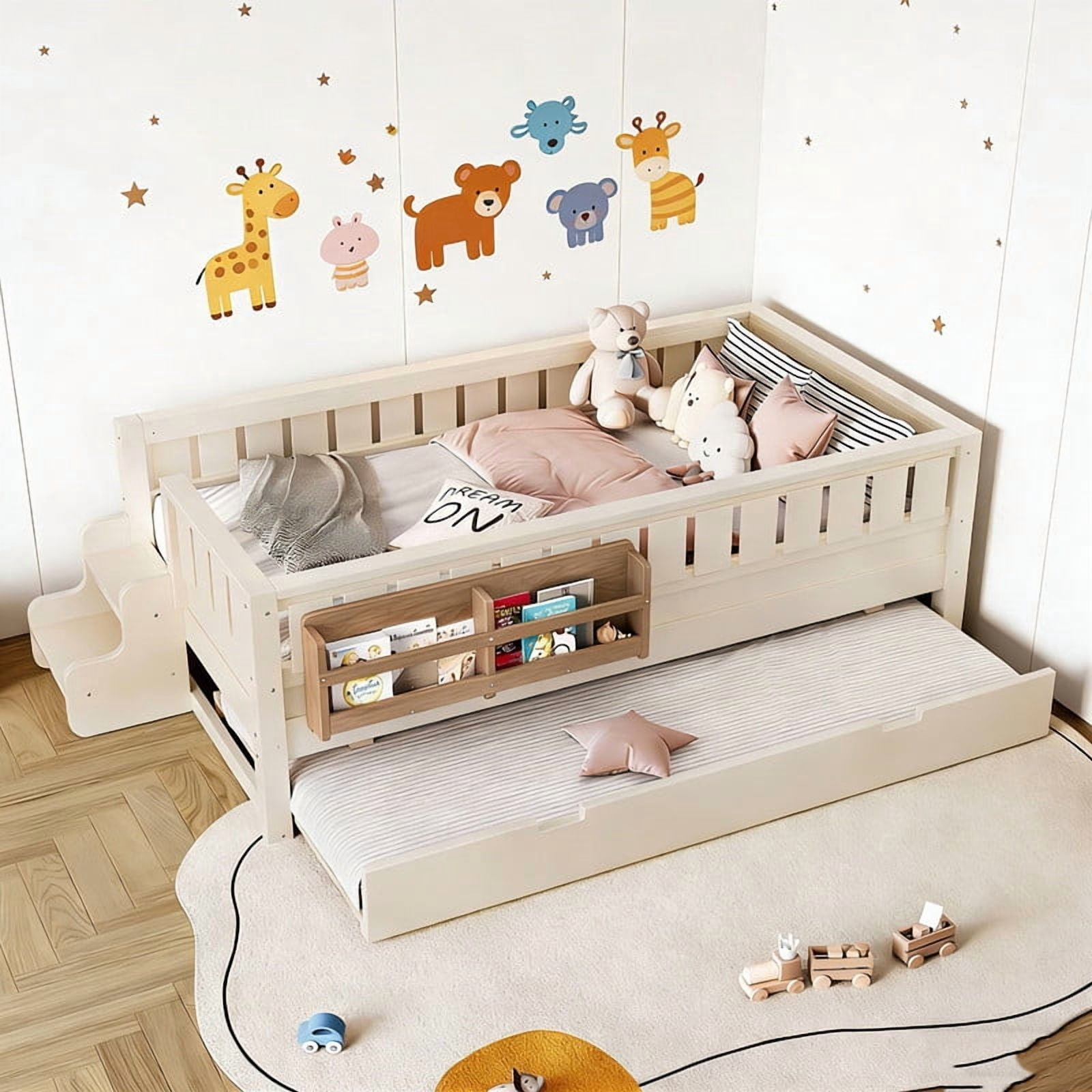 Bellemave Twin Bed with Trundle and Small Stairs, Twin Size Platform Bed Frame with Rail and Bookshelf, Wooden Montessori Floor Bed No Box Spring Needed,Beige