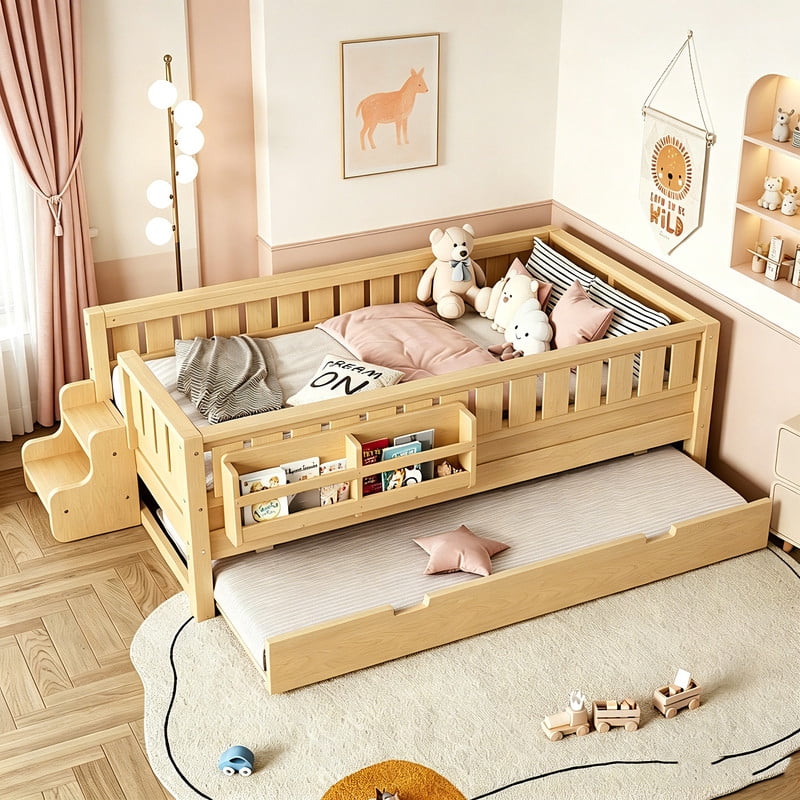 Bellemave Twin Bed with Trundle and Small Stairs, Twin Size Platform Bed Frame with Rail and Bookshelf, Wooden Montessori Floor Bed No Box Spring Needed,Light Natural
