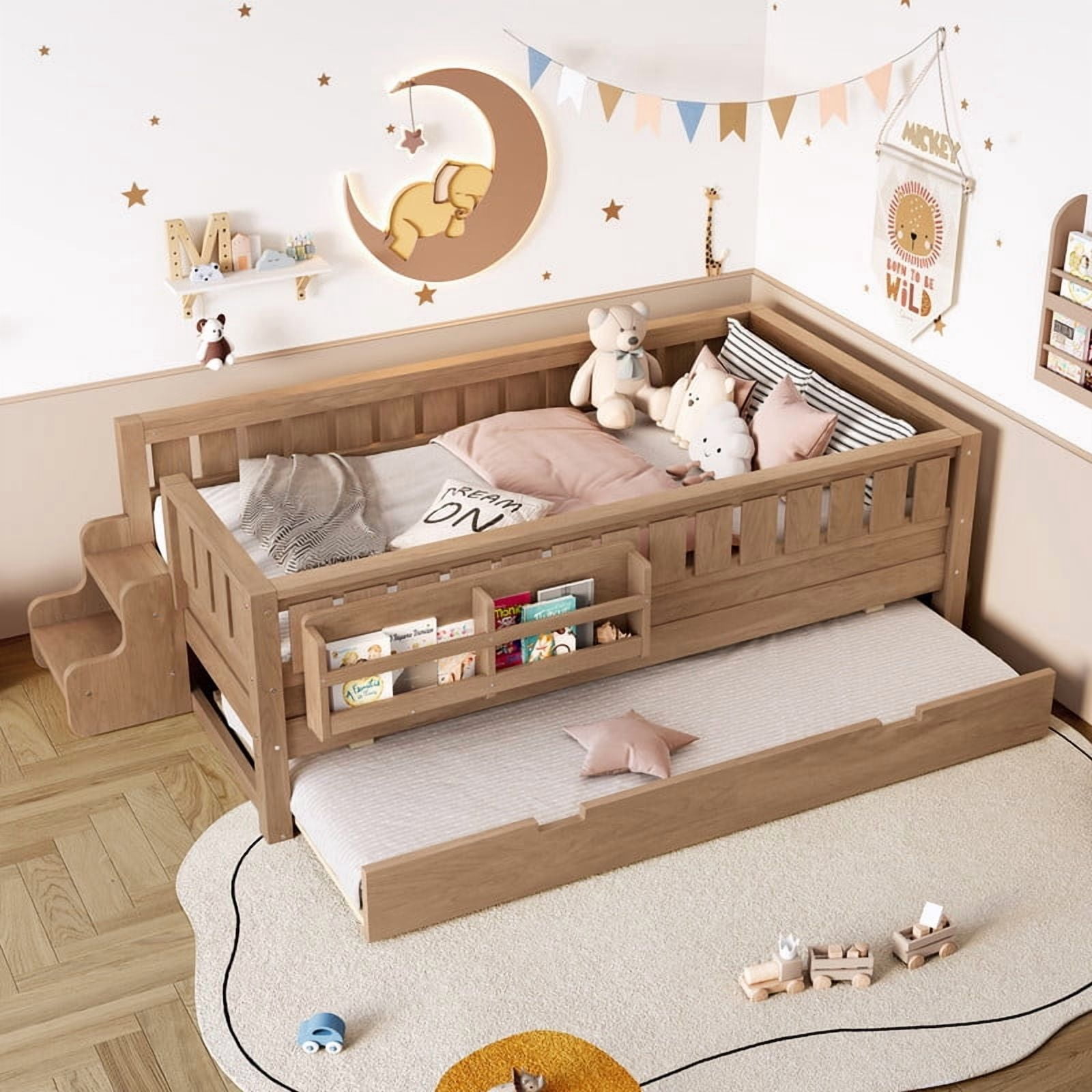 Bellemave Twin Bed with Trundle and Small Stairs, Twin Size Platform Bed Frame with Rail and Bookshelf, Wooden Montessori Floor Bed No Box Spring Needed,Natural