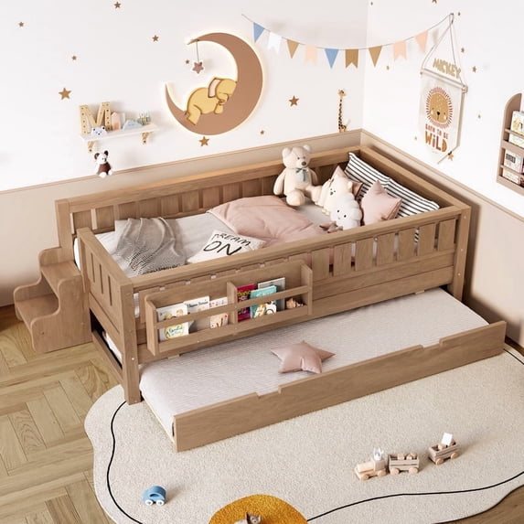 Bellemave Twin Bed with Trundle and Small Stairs, Twin Size Platform Bed Frame with Rail and Bookshelf, Wooden Montessori Floor Bed No Box Spring Needed,Natural