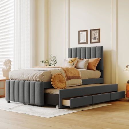 Bellemave Twin Bed with Trundle and Storage, Upholstered Platform Bed with 3 Drawers, Wood Twin Bed Frame with Tuffted Headboard for Teens Adult Bedroom (Gray)