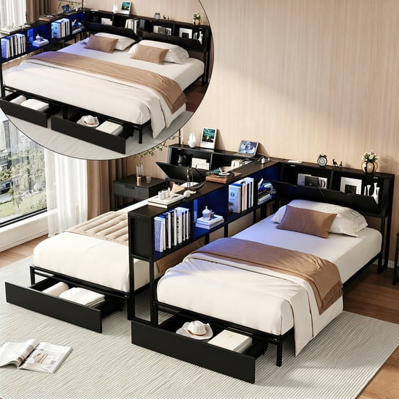 Bellemave Twin Beds for 2 Kids with Bookcase Divider, Charging Station and LED Lights, Double Twin Size Corner Platform Bed with 2 Large Drawers and Storage Headboard for Shared Bedroom- Black