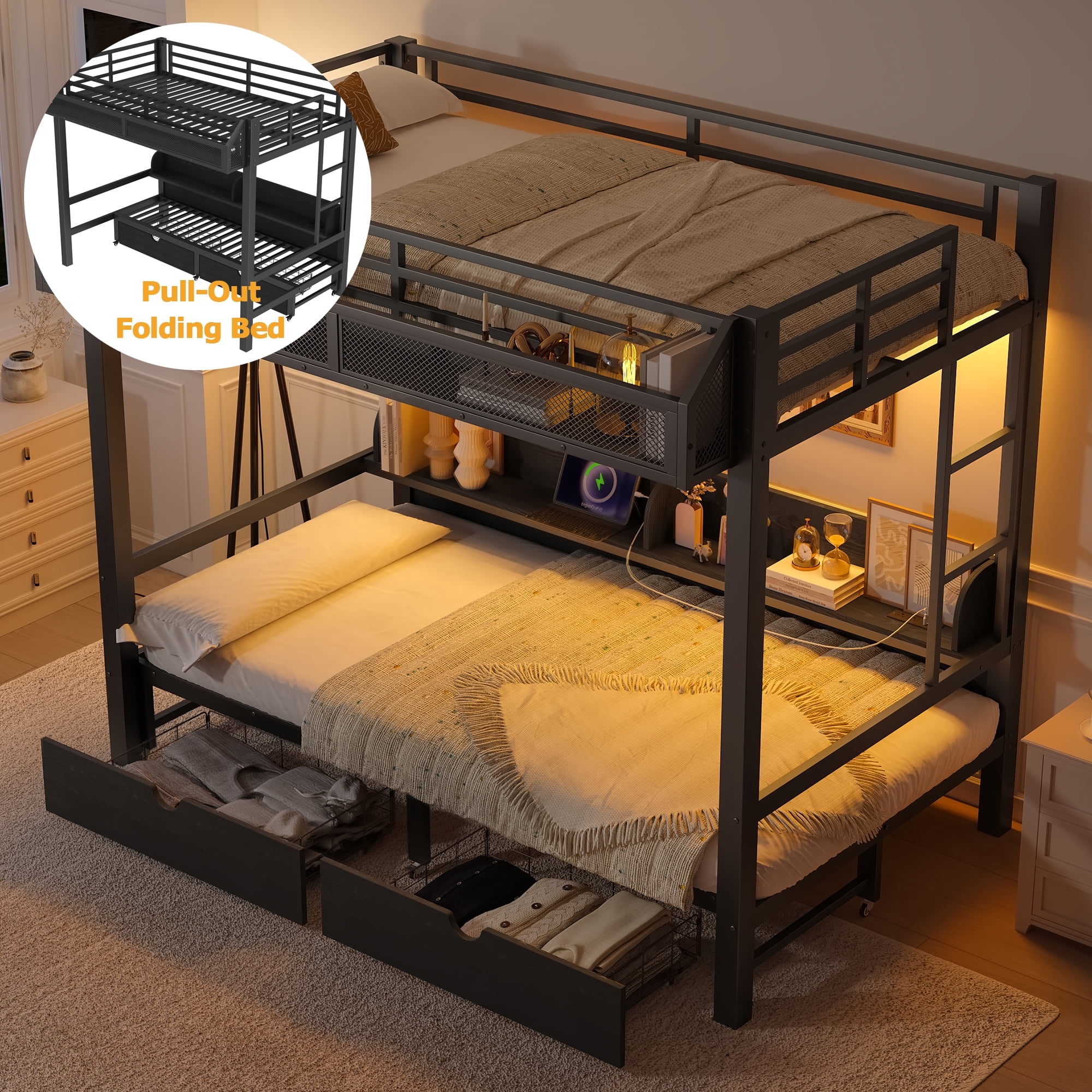 Bellemave Wooden Twin Over Twin Bunk Bed with 6 Storage Drawers for ...
