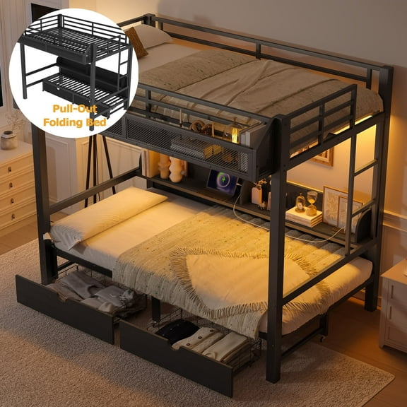 Bellemave Bunk Bed with storage and LED Lights, Twin XL Over Twin XL Metal Bunk Bed with Pull-Out Folding Bed, Heavy Duty Bunk Bed Frame USB Ports and Shelves-Black