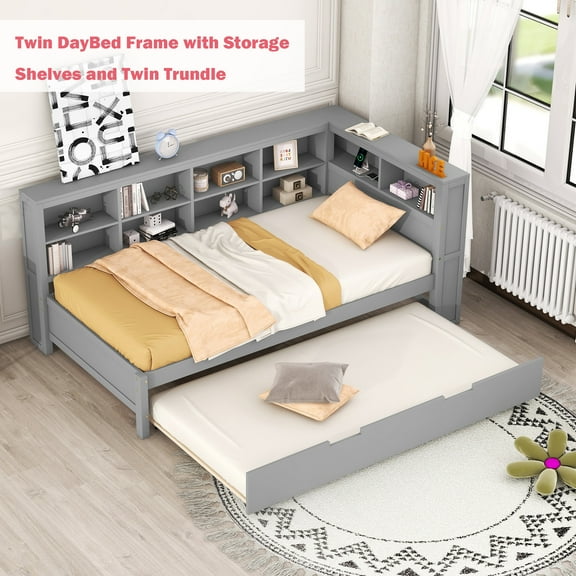Bellemave Twin Daybed Frame with L-shaped Storage Shelves and Twin Trundle, Gray
