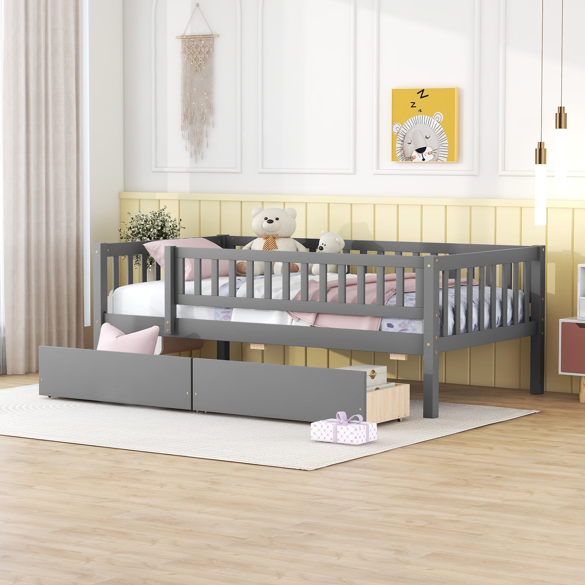 Gray Twin Pine Wood Daybed with Storage Drawers