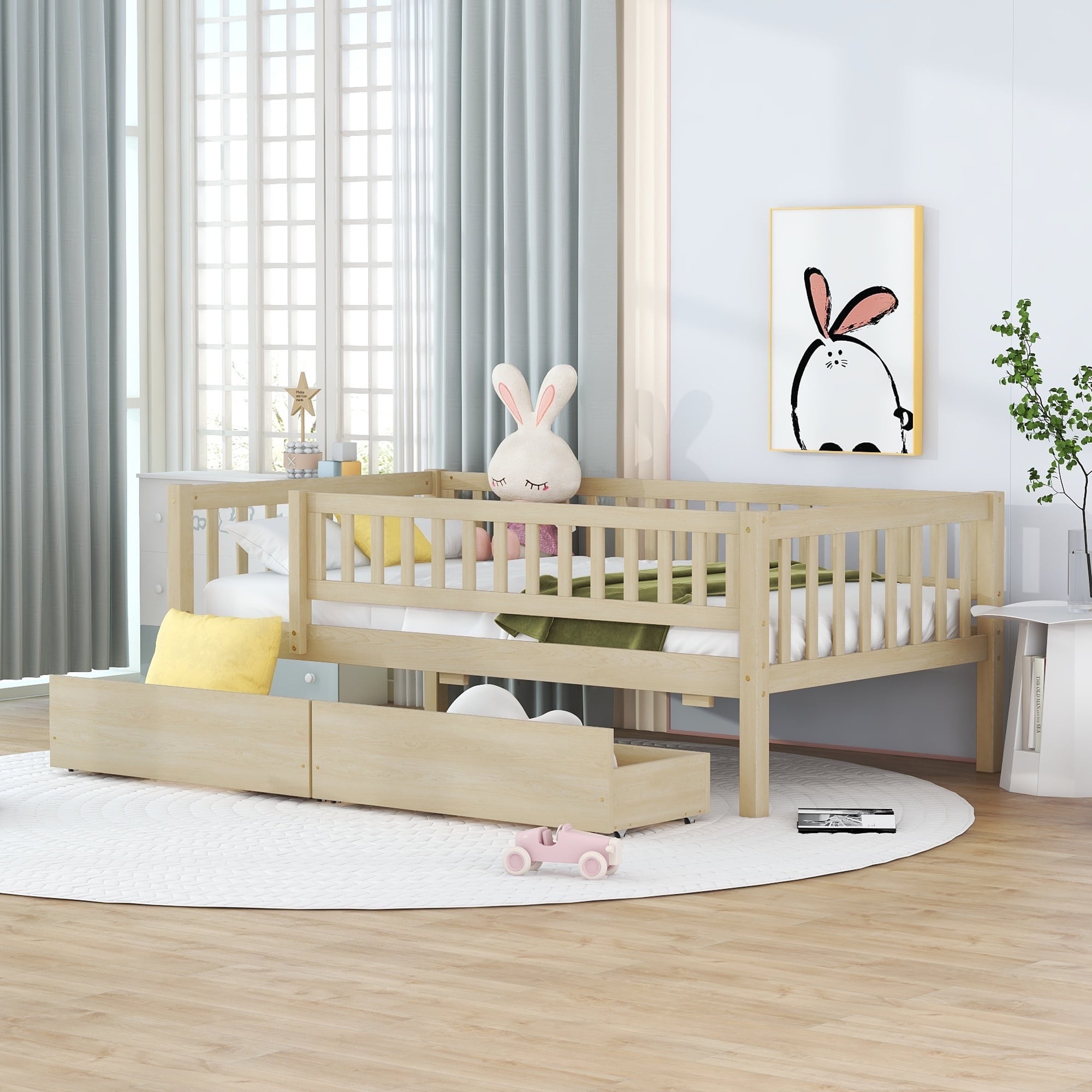 Bellemave Twin Daybed with Storage and Fence, Wooden Twin Size Platform Bed with Rails and 2 Drawers, Low Loft Bed Frame, No Box Spring Needed (Natural)