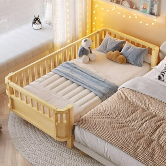 Bellemave Twin Size Bed Frame, Twin Montessori Bed with Safety Guardrails and Detachable Fence, Wood Twin Daybed Frame, Low Profile & Rounded Corners Design, Natural