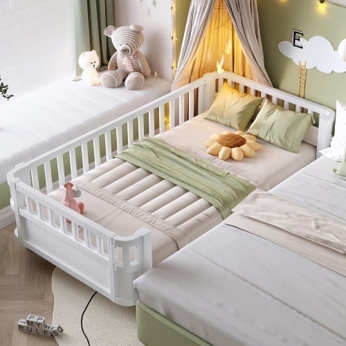 Bellemave Twin Size Bed Frame, Twin Montessori Bed with Safety Guardrails and Detachable Fence, Wood Platform Bed Twin Daybed Frame, Low Profile & Rounded Corners Design, White