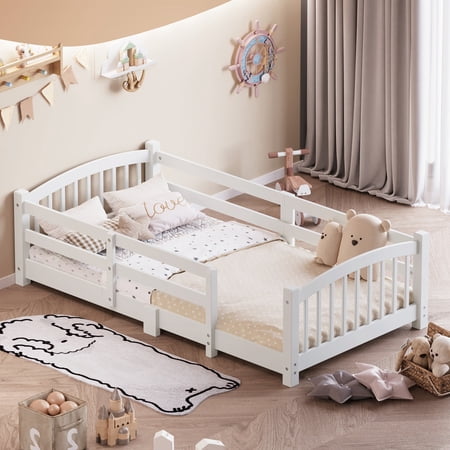 Bellemave Twin Floor Bed with Safety Guardrails, Montessori with Rails and Openings, Twin Size Bed Frame with Fence and Slats, No Box Spring Needed(White)