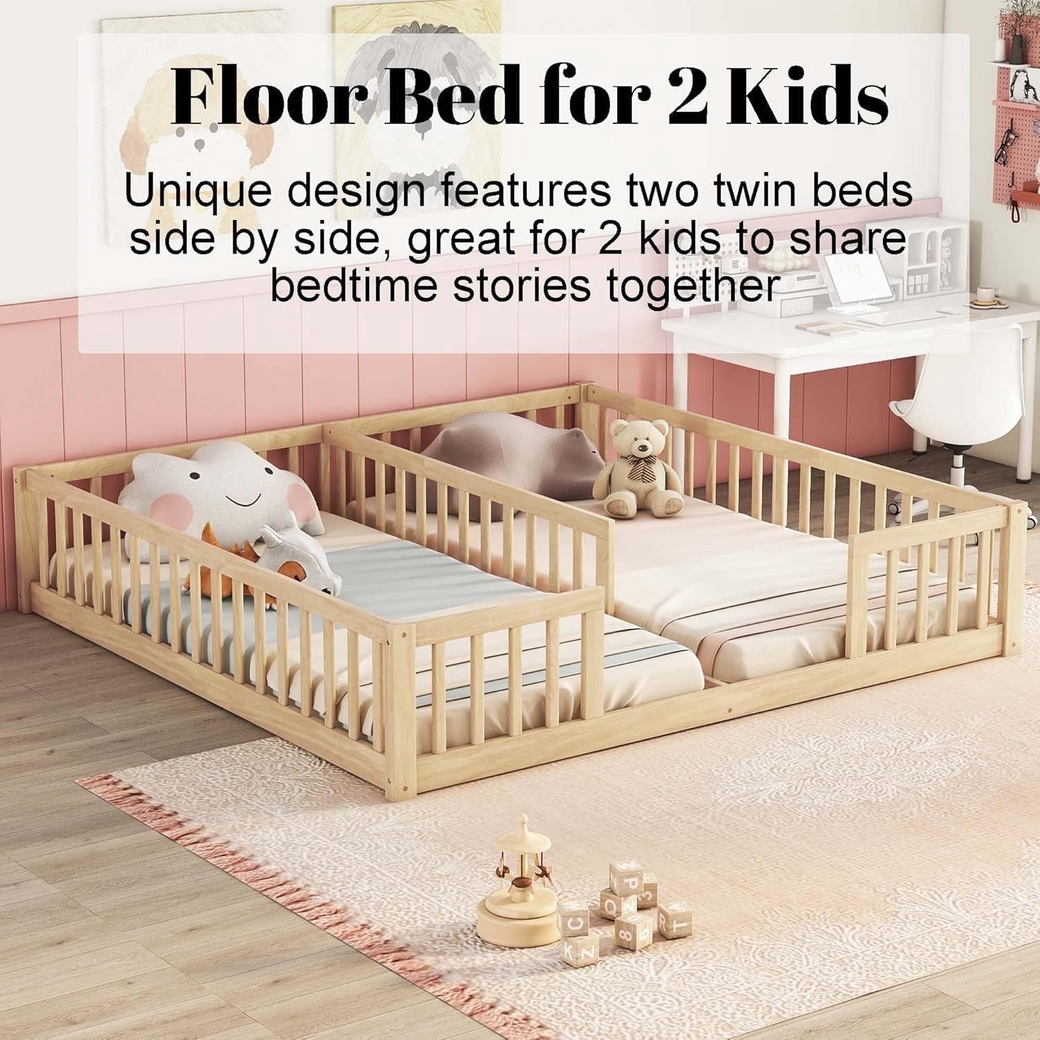 Bellemave Twin Floor Bed for 2, Wood Double Floor Bed with Fence,Two Montessori Bed Side by Side for Bedroom (Natural)