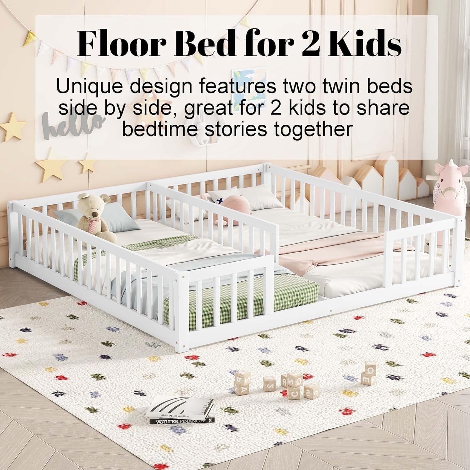 Bellemave Twin Floor Bed for 2, Wood Double Floor Bed with Fence,Two Montessori Bed Side by Side for Bedroom (White)