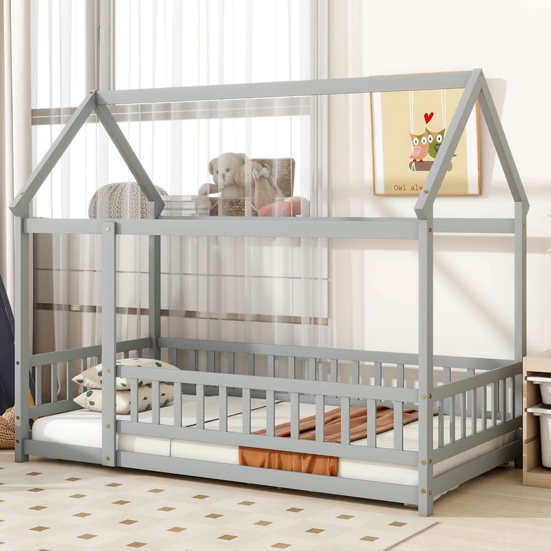 Bellemave Twin Floor Bed, Twin Size House Bed Frame with Fence, Wood Montessori Bed for Bedroom (Gray)